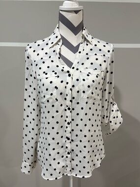 Express Cream Portofino Button-Front Blouse with Black Polka Dots